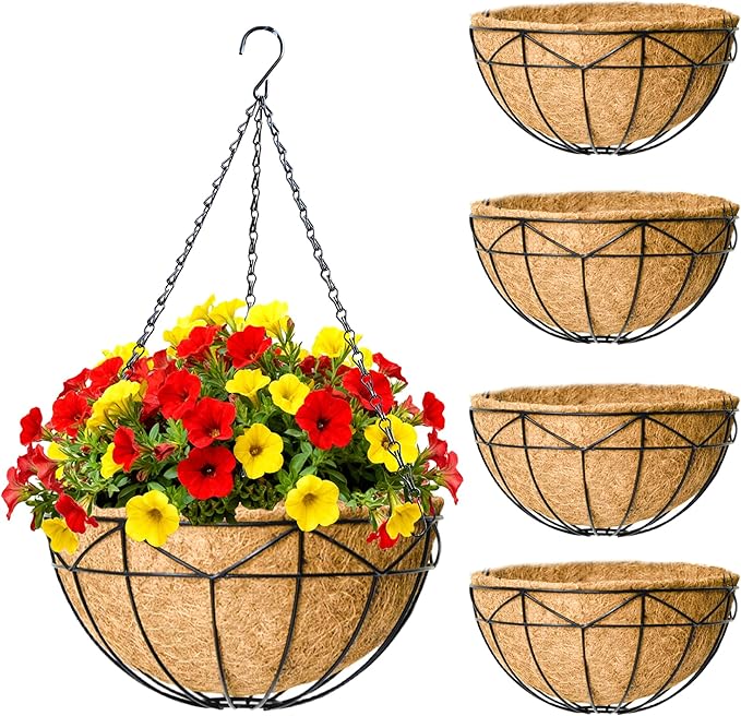 4 Pack 14 Inch Black Wire Hanging Planter with Coir Fiber Outdoor Round Hanging Basket with Metal Chain for Balcony Porch Farmhouse Country Style Garden Decor (Geometric)