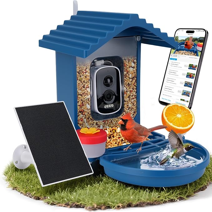Bird Feeder with Camera Solar Powered,2.5K HD Video Bird House Live View,Smart AI Bird Species Identification for Outside Garden,Birds Bath,Ideal Gift for Birds Lover,Hummingbird (Blue) | Equipped with advanced night vision that captures clear footage ...