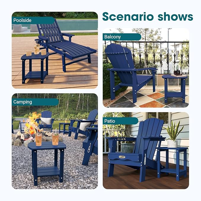 THOEOE Adirondack Outdoor Side Table, 2-Tier Sturdy Patio End Table Weather Resistant, Morden Side Table for Patio, Pool, Porch, Navy Blue