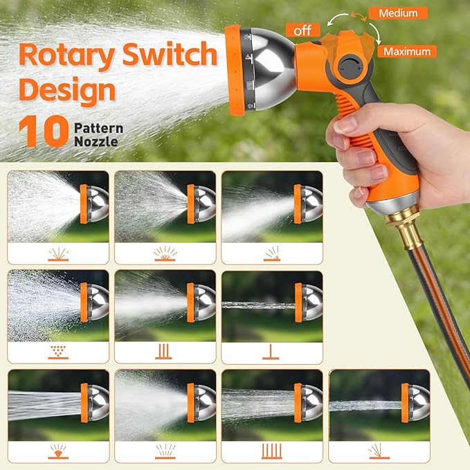 Retractable Garden Hose Reel 100 FT, 1/2" Heavy Duty Garden Hose 435 PSI Burst Pressure, Wall Mounted Water Hose Reel with 10-Pattern Nozzle, 180° Swivel, Slow Auto Rewind & Any Length Lock