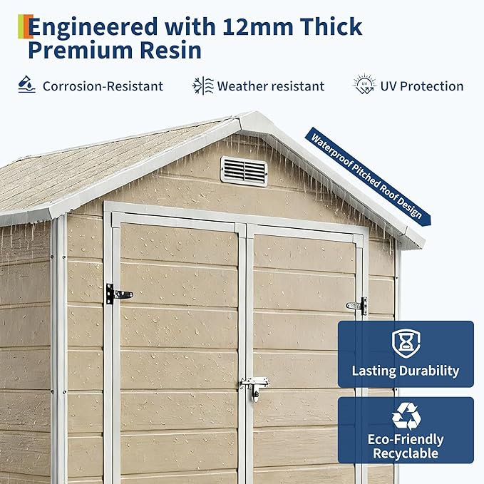 Resin Outdoor Storage Sheds 4x6 ft, Upgraded Double-Wall Outdoor Plastic Shed with Window & Double Doors, Waterproof Lockable Garden Shed (Light Brown, 6 X 4 ft)
