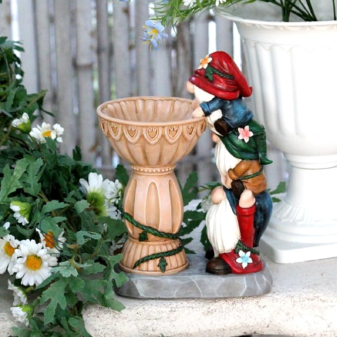 Sheaifun Garden Gnomes Outdoor Gnomes Garden Decorations for Yard Colorful Lights Resin Solar Outdoor Statues with Bird Bath Feeder Outside Lawn Patio Housewarming Gift for Women 6.25x4.25x9.25 Inch