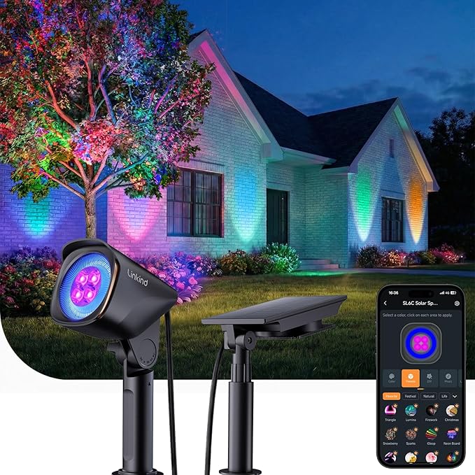 Linkind Smart SL6C Outdoor Lights Solar Powered, Dual-Ring Solar & USB Charging Solar Spotlights Outdoor Waterproof IP66, Color Changing Spot Light for Trees, Yard, Garden, Landscape, 1 Pack