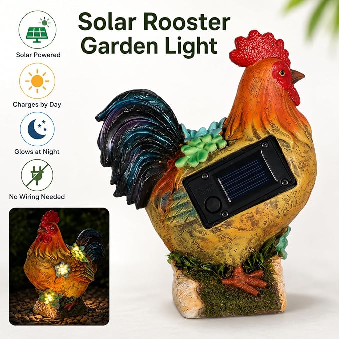 Solar Garden Statues Colorful Rooster and LED Lights Birthday Gifts for Women Mom Grandma Solar Outdoor Cat Decor for Outside,Outdoor Solar Lights for Yard, Garden and Patio, Unique Gift for Women