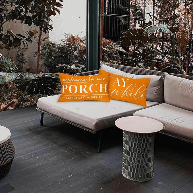 TAJWE Outdoor Pillow Covers Waterproof 12x20 Set of 2 Orange Decorative Fall Thanksgiving Pillowcases Welcome to Our Porch Stay Awhile Cushion Cases for Patio Furniture Sofa Couch Decor