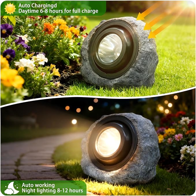 Solar Rock Lights Outdoor,2 Pack IP65 Waterproof LED Solar Ash Gray Garden Stone Spotlights,Warm White & Cool White Switchable,Auto On/Off Landscape Lights for Pathway Walkway Yard Patio