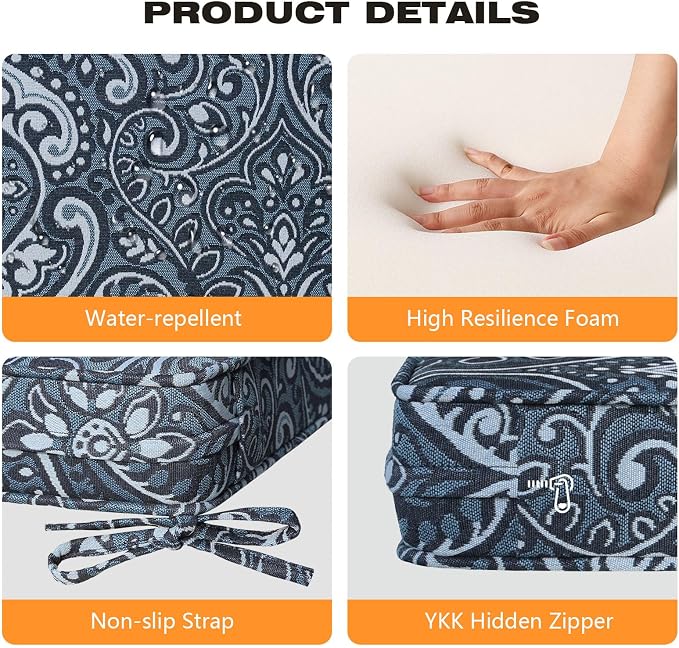 Unimatta Square Corner Seat Cushions, 19" x 19" x 3", Set of 4, Indoor Outdoor Water Repellent Universal Chair Pads with Ties for Patio Furniture, Garden Deck Dining Chairs, Damask Blue Flower