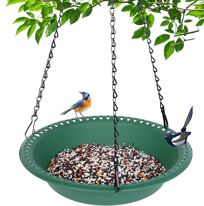 Hanging Bird Feeder Tray with Drainage Holes for Outside, Rugged Recycled Plastic Wild Bird Feeding Station (10 inch, Green)