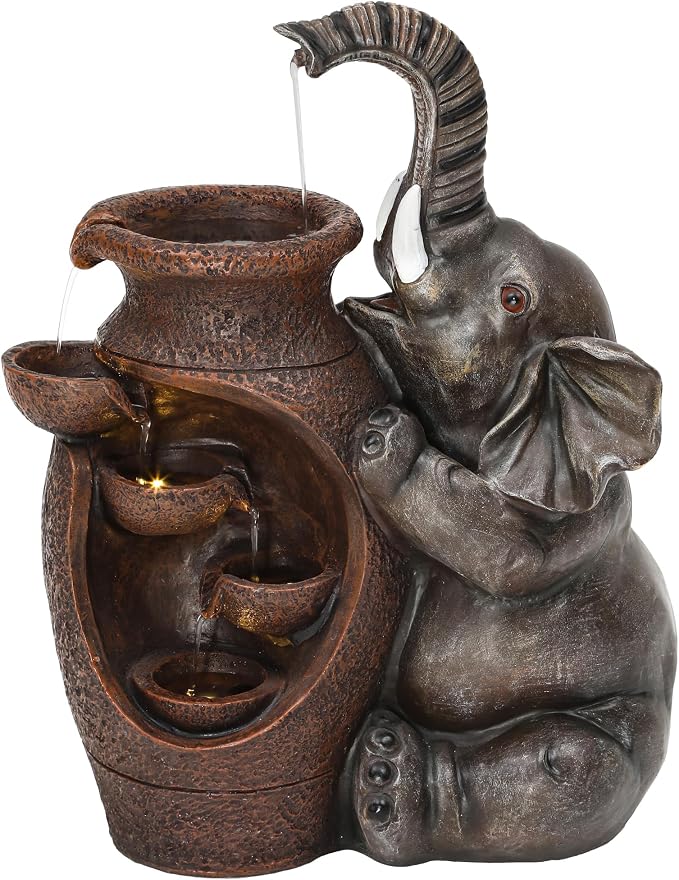 AUTODAYA 19" H Elephant Jar Outdoor Water Fountain, Rustic Farmhouse Water Feature with Tranquil Cascading Waterfall, Relaxing Garden Patio Yard Deck Kitchen Floor Tabletop Decor