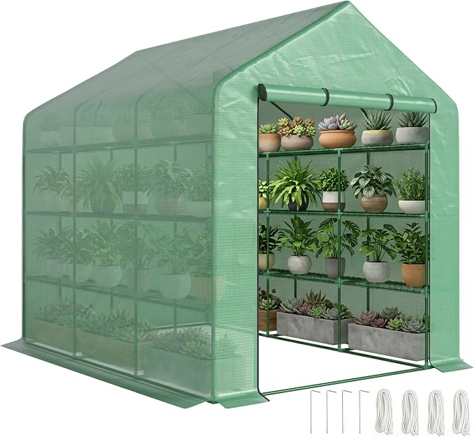 Outsunny 8' x 6' x 7' Walk-in Greenhouse, PE Cover, 4-Tier Shelves, Steel Frame Hot House, Roll-Up Zipper Door for Flowers, Vegetables, Saplings, Tropical Plants, Green