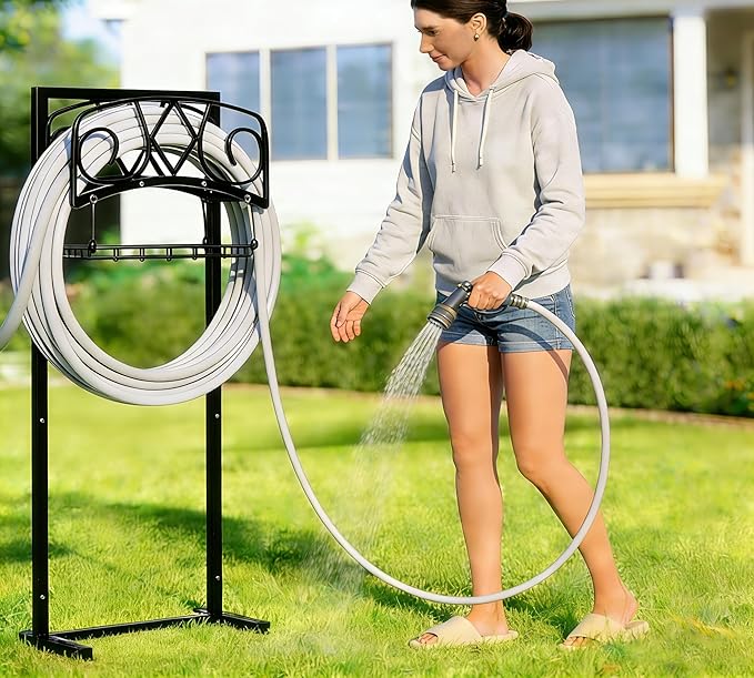 Freestanding Garden Hose Organizer with Black Powder-Coated Finish - Heavy-Duty Detachable Hose Stand Holds 150FT Hose, Includes Storage Basket & Assembly Tools for Outdoor Use