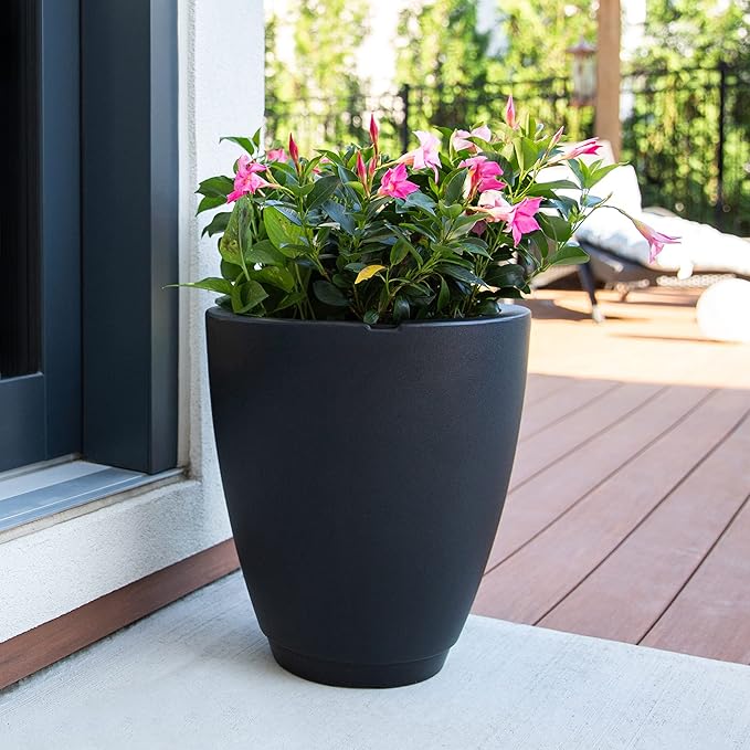 Mayne Caprio 18in Tall Planter - Black - 16in L x 16in W x 18in H - Built-in Water Reservoir - Double Wall Planter (5905-B)