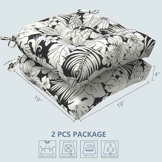 LVTXIII Outdoor Seat Cushions Seasonal Tufted Chair Cushions, Patio Chair Pads for Dining Chairs, Office Armchairs and Garden Furniture Decoration, Round Back, 19x19x4, Tropical Blossom Noir