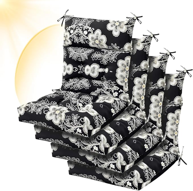Sintuff 4 Pcs 44 x 21 x 4 Patio Chair Cushions Outdoor Chair Cushion Seat/Back Tufted Pillow with Ties Water Resistant Replacement Indoor Patio Furniture Outdoor Furniture (Flower,Black,White)