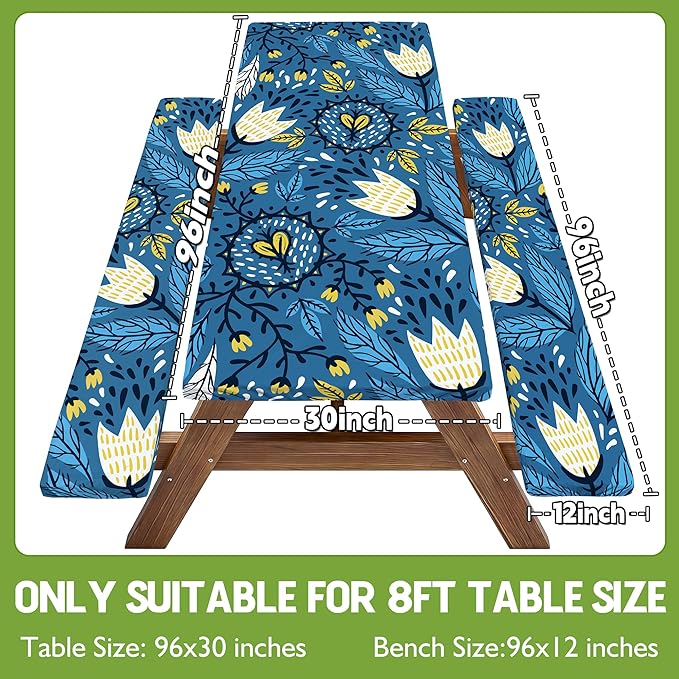 Picnic Table Cover with Bench Covers Waterproof Elastic Rectangle Tablecloth Camping Essentials Supplies Rv Car Travel Gear Must Haves Accessories Fitted Table Cloth Outdoor Road Trip Camper Gifts 8ft