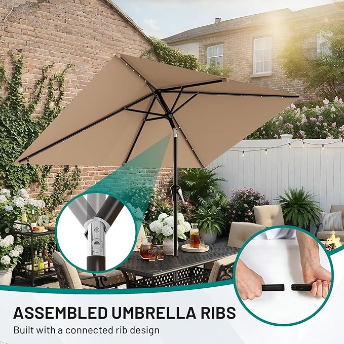 AreShark 6.5' x 10' Rectangular Patio Umbrella with Solar Lights, Solar Powered Lighted Market Umbrella w/Tilt and Crank, Outdoor Table Umbrella for Garden, Deck, Backyard, Pool and Beach, Beige