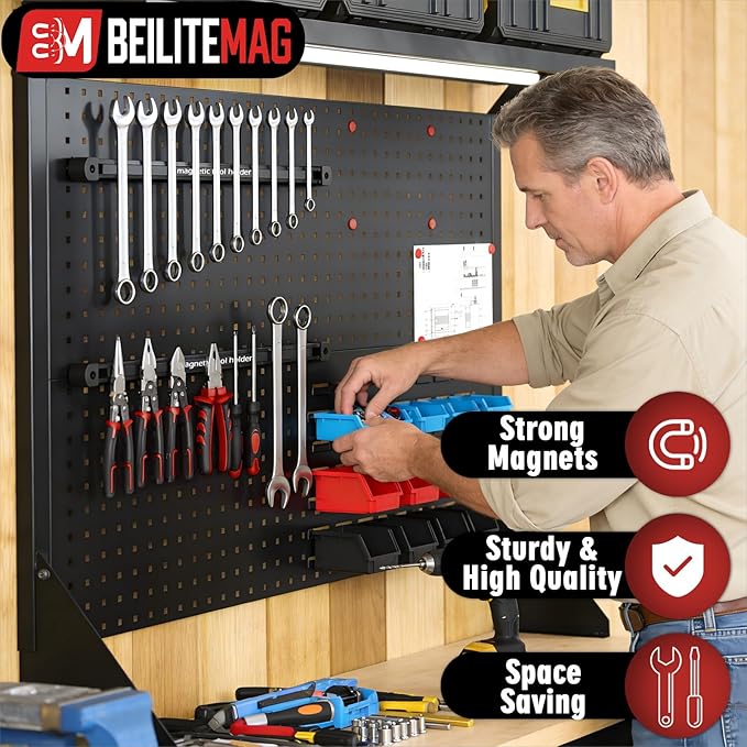 Double Sided Magnetic Tool Holder, 17 Inch Magnetic Screwdriver Holder Rack, Easy to Install Magnet Tool Organizer for Garage Storage, Workshop, Jobsite, Shed and Kitchen (2 Pack)