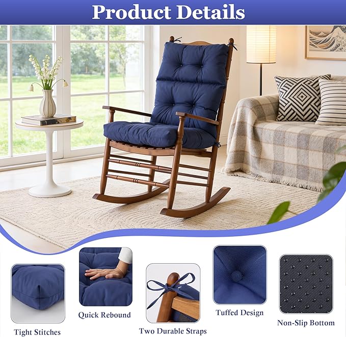 Rocking Chair Cushion, Waterproof and Fade-Resistant Adirondack Rocker Cushions, Indoor/Outdoor Rocking Chair Pads, High Back Memory Foam Patio Furniture Cushions with Ties, 44x23x4 Inch, Navy Blue