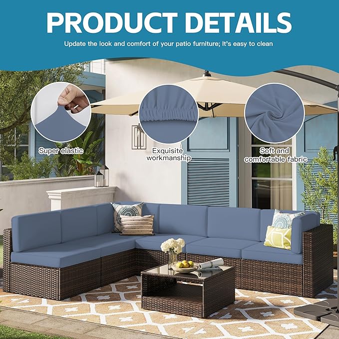 14Pcs Outdoor Cushion Covers, Patio Cushion Covers,Stretch Elastic Slipcovers, Replacement Washable & Reusable Furniture Protector for Patio Couch (Gray-Blue,Cover Only)