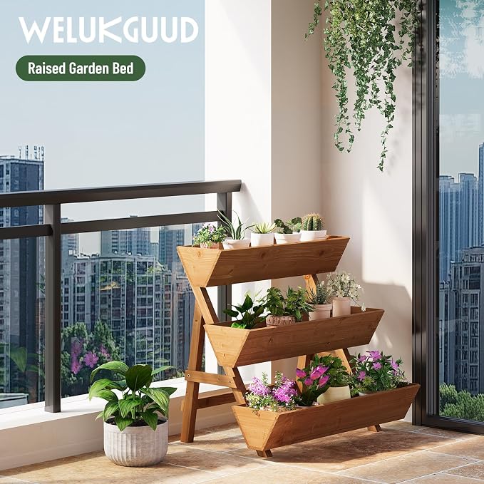 Vertical Wooden Raised Garden Bed, Garden Planters Freestanding Wood Plant Stand Flower Rack Wooden Planter Box for Plants Herbs Flowers Vegetables Outdoor Indoor Gardening (3-Tier Large Brown)