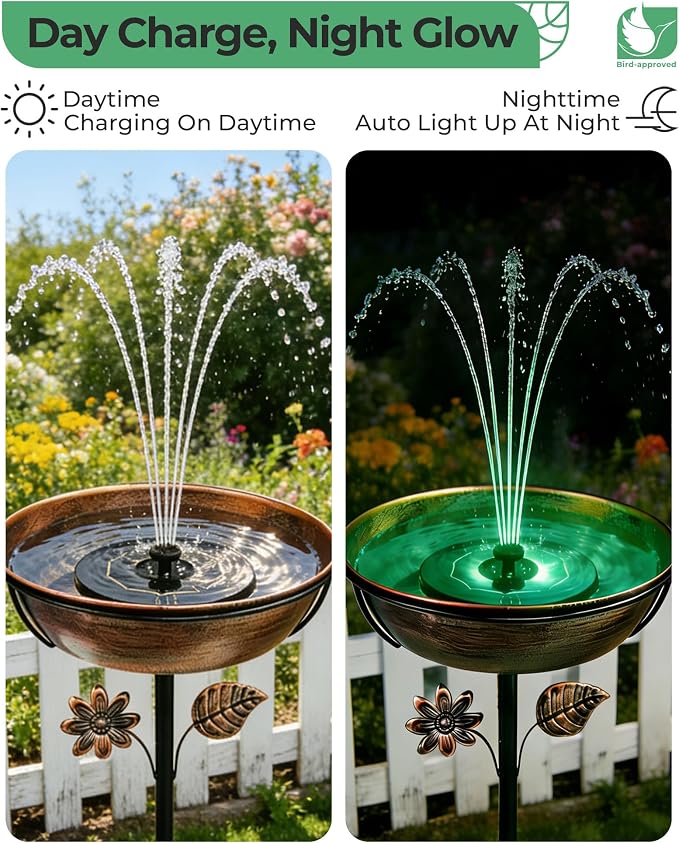 Metal Bird Bath with Solar Fountain - 12" Outdoor Birdbath Bowl + 6.3" Solar Pump with Battery LED Lights & with 4 Fixed Rods | Garden Bird Bath for Yard, Lawn, Patio, Flowing Water Feature