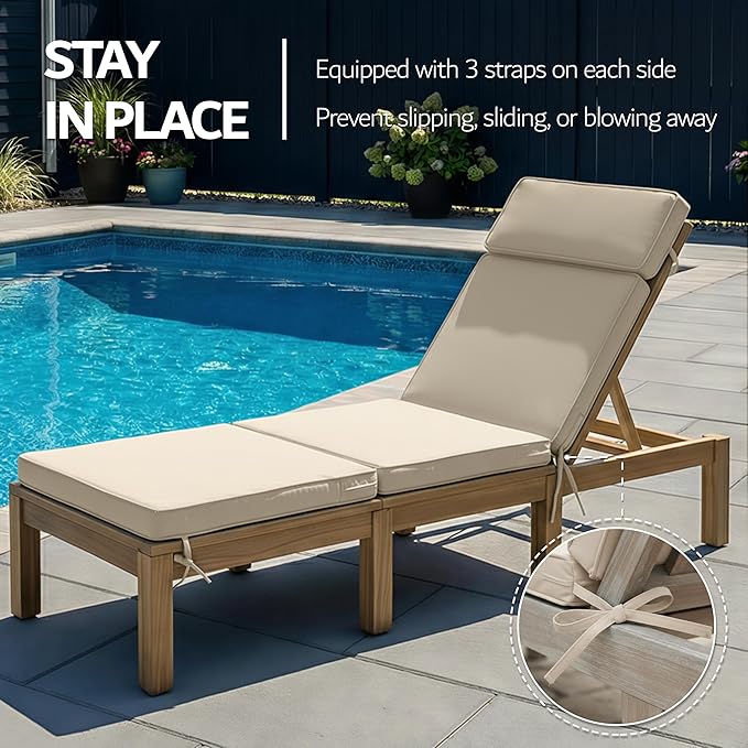 80 x 26 Inch Outdoor Chaise Lounge Cushions Set of 2 - Removable Cover, 4-Section Design, Water-Repellent & Fade-Resistant, 6 Tie Straps, Replacement for Patio & Pool Chairs - Cream