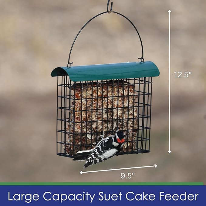 Large Suet Feeder - Metal Woodpecker Suet Cage with Metal Roof - Holds 1 Large Seed Cake