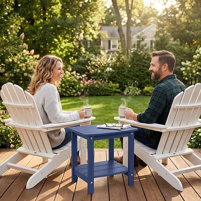 Y&M Outdoor Side Table, HIPS Adirondack Small Double Layer Table, Waterproof Square Outside Table, Balcony End Tables for Patio, Pool, Porch, Deck, Indoor or Outdoor Use, Navy Blue