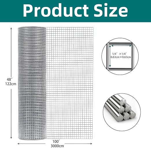Hardware Cloth 1/4 inch 48in X 100ft Galvanized Welded Wire Mesh Roll, 23 Gauge Chicken Wire Fence, Snake Gopher Barrier Garden Fencing Rabbit Cage Netting