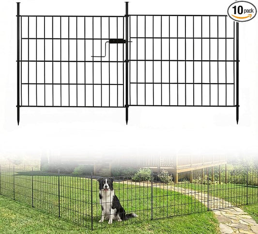 10 Panels No Dig Decorative Outdoor Garden Fence with Gate, 24in (H) x 20ft (L) Rustproof Metal Wire Rabbit Dog Garden Border Fencing for Yard, Animal Barrier with Ground Stakes for Patio