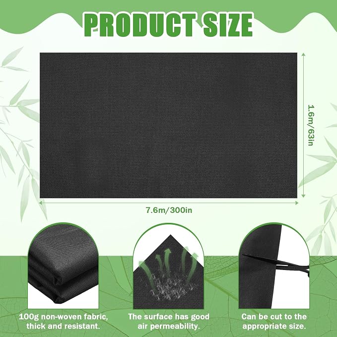 Breling 63 x 300 Inch Raised Garden Bed Liner Non Woven Plant Felt Liner Roll Easy to Cut for Flower Basket Window Box Large Veg Trough, Black