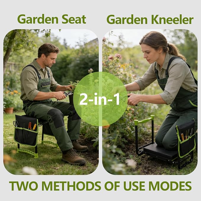 Garden Kneeler and Seat, Heavy Duty Garden Stool with 11" Wide Detachable Kneeling Pad, Foldable Garden Bench Chair with Gardening Tool Pouch and Bag, Gardening Gifts for Women, Seniors