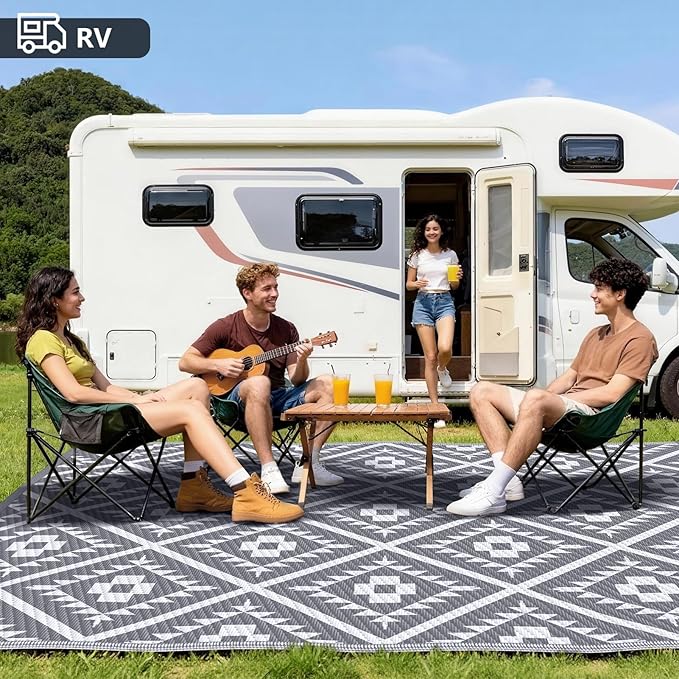 COOLTOP 8'x10’ Outdoor Rug for Patios Porches, Waterproof Plastic Camping Rugs, Modern Reversible Mat, Large Area Rugs for Backyard, Deck, RV, Balcony, Picnic, Beach, Grey & White