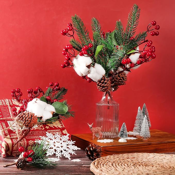 Boao 12 Pieces Pine Snowy Flower Christmas Picks Red Berry Artificial Holly Sprays Picks Fake Berries Pine Cones for Christmas Crafts Party Festive Home Tree Decor 11 Inch Flexible Stems