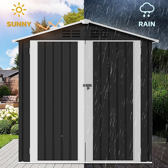 DWVO 6x4ft Metal Outdoor Storage Shed with Window, Lockable Tool Storage Sheds, Steel Garden Sheds with Sloped Roof for Backyard, Patio, Garage, Lawn, Gray + White