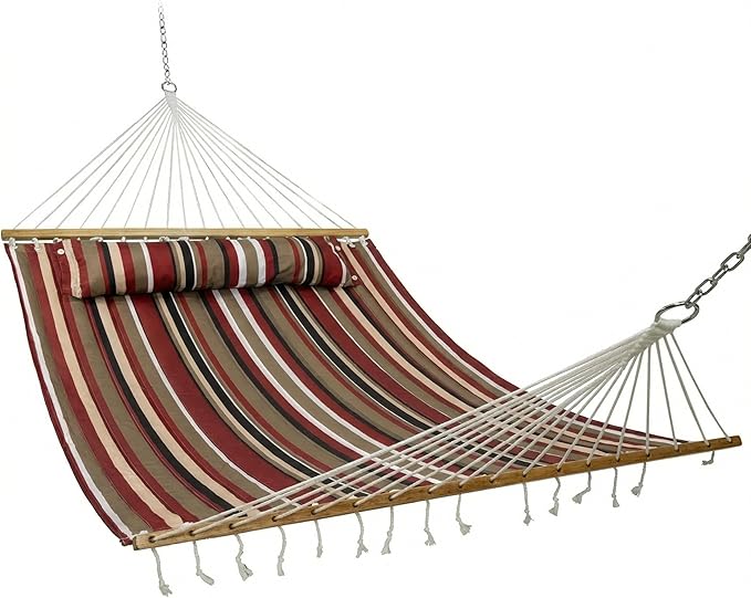 Sunnydaze Quilted Outdoor Hammock with Spreader Bars - Heavy-Duty 450-Pound Capacity Double Hammock for Outside - Awning Stripe