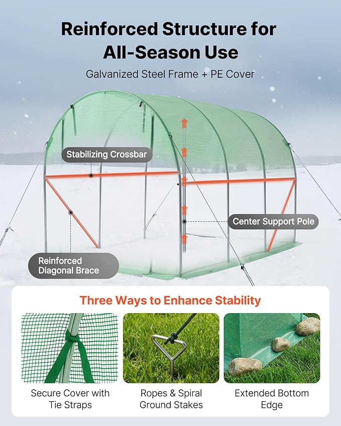 VEVOR Walk-in Tunnel Greenhouse, 10 x 7 x 7 ft Hoop House Greenhouse Tunnel with Watering System, Plant Hot House with Steel Frame, PE Cover, Roll-Up Zipper Door and 6 Windows for Outdoors, Green