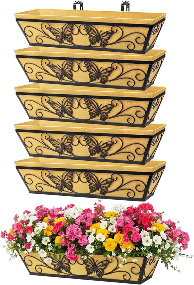 6 Pack 24 Inch Railing Planter Boxes Window Box Planters with Liner | Adjustable Bracket, Heavy Duty Hanging Basket, Metal Butterfly Decor, Retain Moisture Fabric Liner, Matte Classic Black