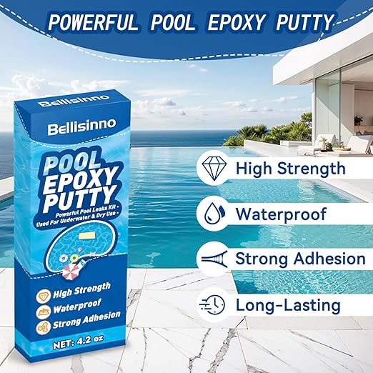 Bellisinno 4.2 oz. White Pool Epoxy Putty, 2-Part Underwater/Above-Water Repair, Fix Leaks, Cracks, Filling, Sculpting, Tile, Concrete, Fiberglass, Cement, Swimming Pool Maintenance Kit
