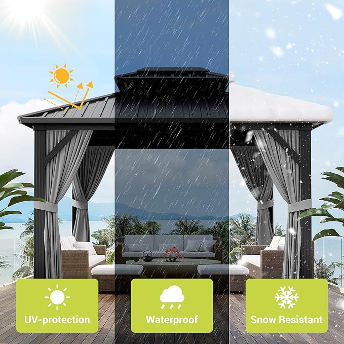 10' x 12' Hardtop Gazebo, All Weather Heavy Duty Aluminum Frame Double Metal Roof Outdoor Gazebo, Gray Patio Pavilion with Mesh Netting & Privacy Curtains, Perfect for Backyard, Garden, Porch & Poolsi