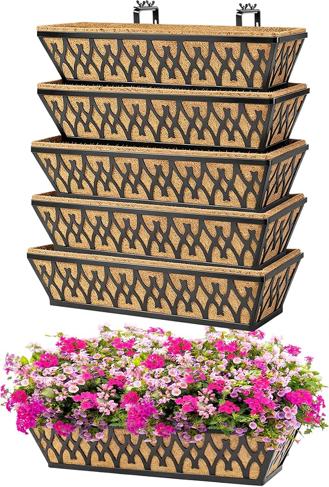 6 Pack 24 Inch Window Boxes Planters Railing Planter Box with Adjustable Brackets for Porch Fence Patio Balcony Hanging Flower Baskets with Coco Liners for Outdoor Garden Decor - Black