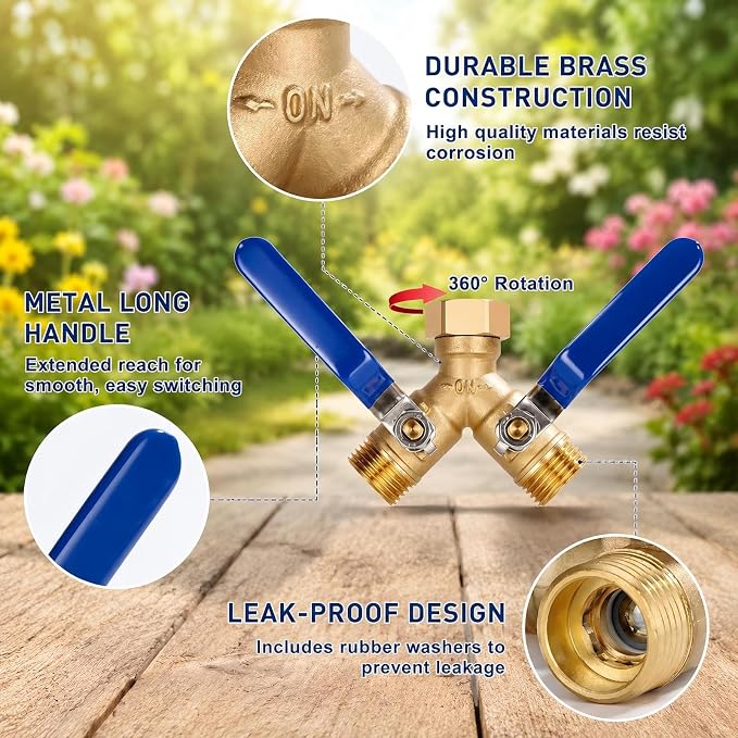 Dalmbox Garden Hose Splitter 2 Way With Long Handle, Garden Hose Adapter with 2 Pcs Garden Hose Coiled Spring Protectors and 6 Rubber Washers