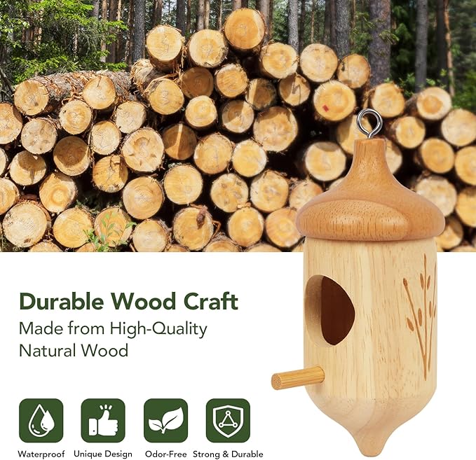 Hummingbird House, Small Wooden Hummingbird House for Outdoors, Cute Bird House with Bow & Hanging String, Garden Decor & Gift