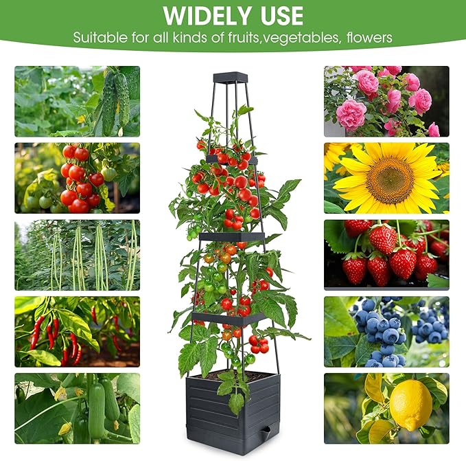 MYMULIKE 2 Pack Raised Garden Bed Planter Box with Trellis, 58” Tomato Cage Planter Raised Garden Bed with Trellis for Climbing Vegetables Plants Tomato Cage w/Self-Watering, Indoor Outdoor Use