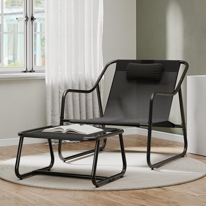 YITAHOME Patio Lounge Chair with Ottoman Set of 2, Oversized Papasan Chair, Versatile Indoor/Outdoor Textilene Lounge with Metal Handrail and Footstool, Idea for Living Room, Porch, Backyard or Garden