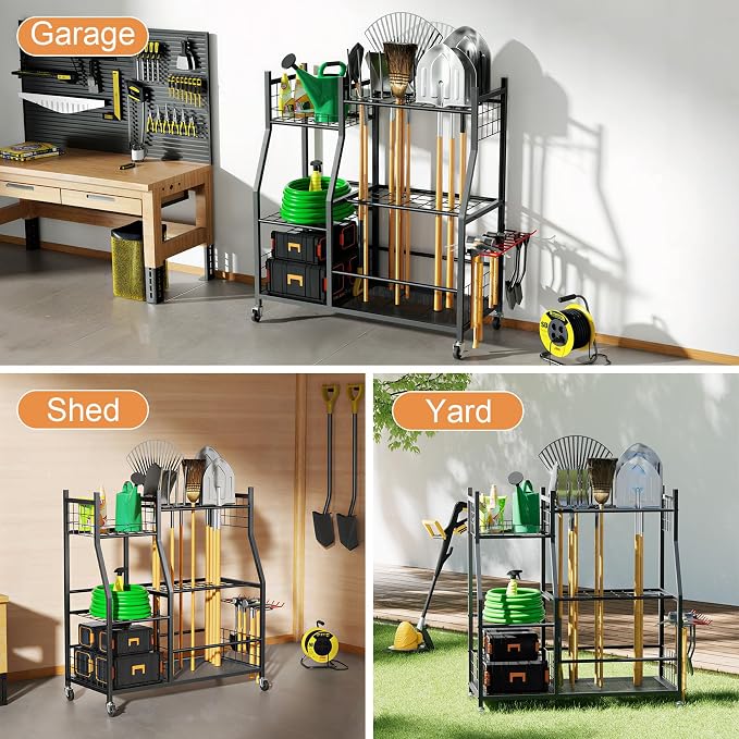 Garden Tool Organizer with Wheels for Garage, Freestanding Garage Tool Organizer, Yard Tool Holder, Garden Tool Cart for Long Handled Tools,Rakes, Brooms, Yard Storage Rack for Shed, Indoor, Outdoor