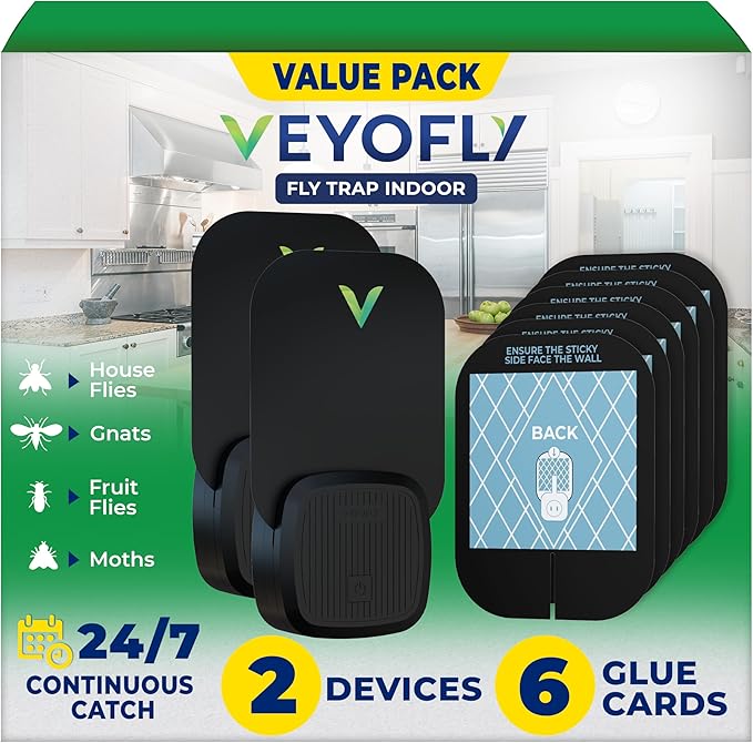 VEYOFLY Fly Trap Indoor, Fruit Fly Traps for Indoors, (2 Device + 6 Refills) Gnat Traps for House Indoor, Fly Catcher Indoor, Plug in Light Flying Insect Trap, Bug Light Killer, Fly Trap