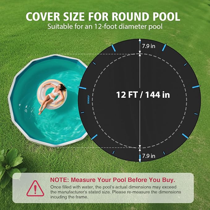 Pool Cover 12ft Round, Upgraded Seamless Side Design, 3-in-1 Super Windproof System with Fast Ratchet Tie Downs, 420D Oxford Fabric for Above Ground Pool - All Season Use, Tear Resistant