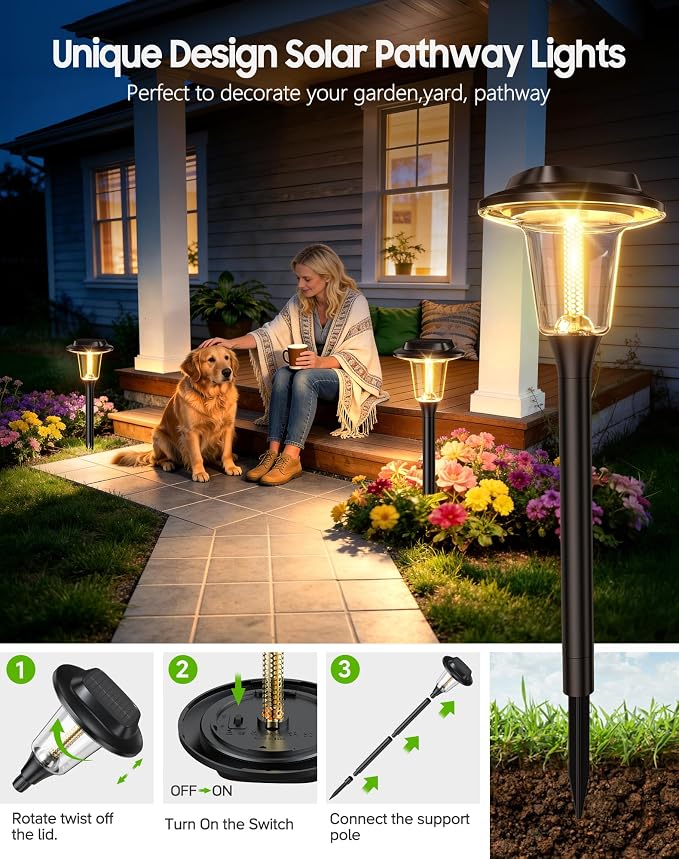 2026 New Solar Pathway Lights, 4 Pack Solar Lights Outdoor, Waterproof IP65, Upgraded Bright LED, Auto On/Off, Modern Garden Lights, Solar Powered Light for Yard, Lawn, Walkway, Driveway, Patio Decor