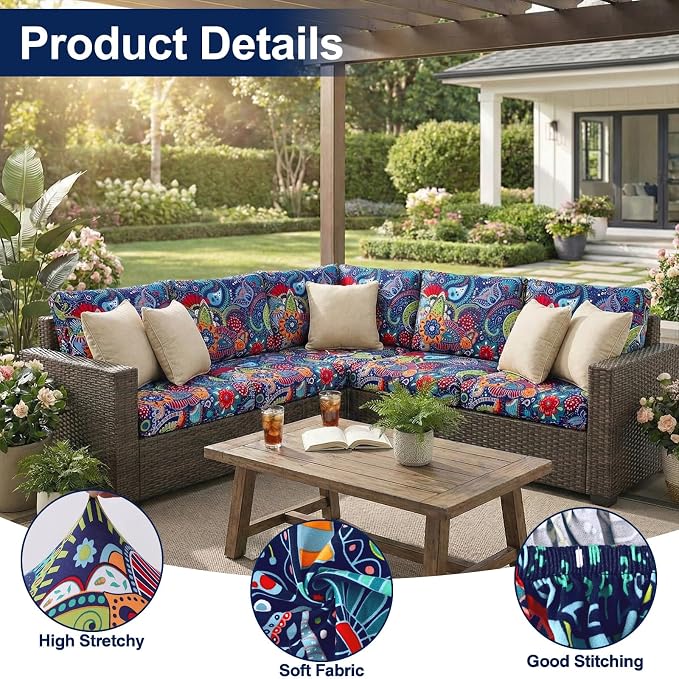 Smiry Waterproof Patio Cushion Covers, Stretch Outdoor Couch Slipcovers Replacement Washable Furniture Protector Sofa Chair Seat Cover for Dogs and Pets (14 Pcs, Blue Green)